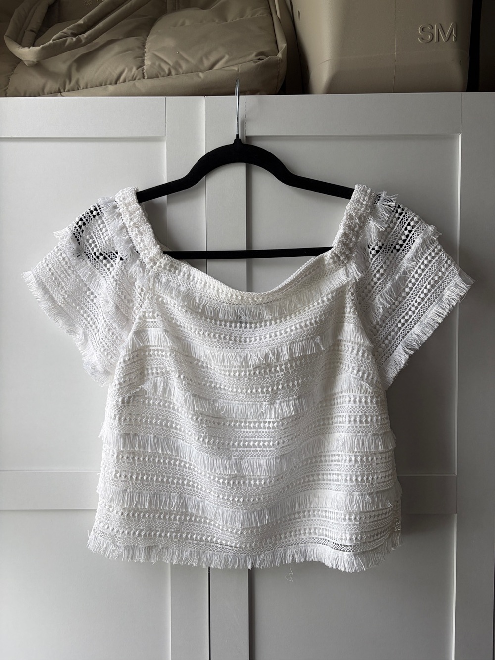 White House Black Market White Crochet Fringe Crop Top